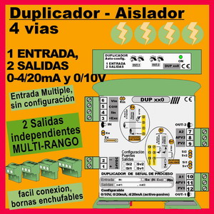 04e2- Duplicador Multirango 1 entrada, 2 salidas de 4-20mA o 010 Aislador de 4 vías a 24VDC